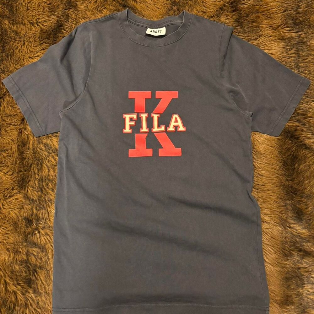KROST x FILA oversized tee charcoal grey + red “K” graphic w/ FILA logo Men’s XS